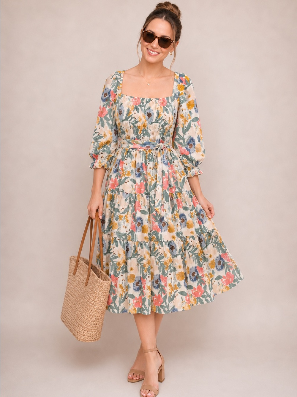 Simple Floral Smocked Tiered Midi Dress - Cream Multi